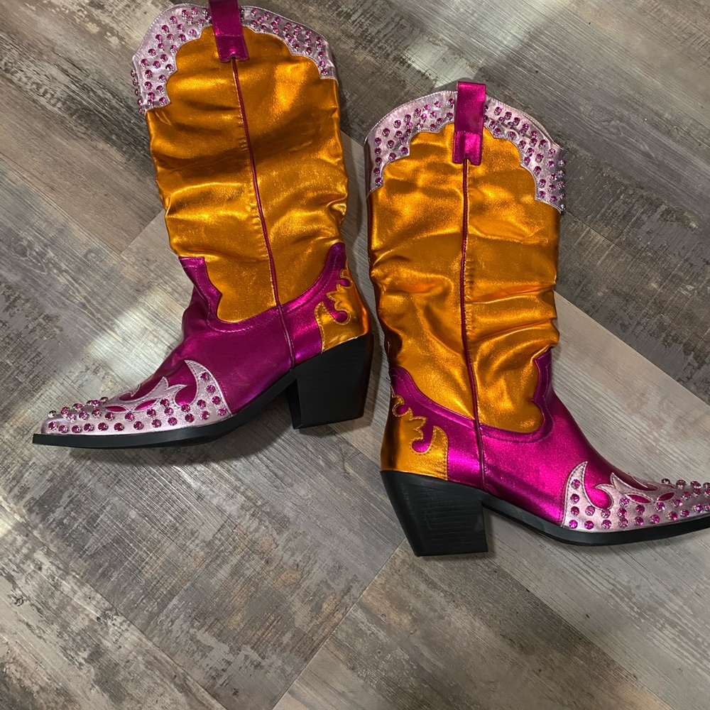 Azalea wang metallic rhinestone Pink and Orange Women's Western Boots NWOT - Picture 5 of 10